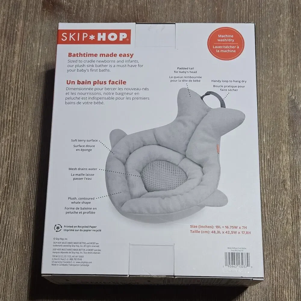 Skip Hop Moby SoftSpot Sink Bather Gray Whale Baby Bath Support 0-6 Months w/...